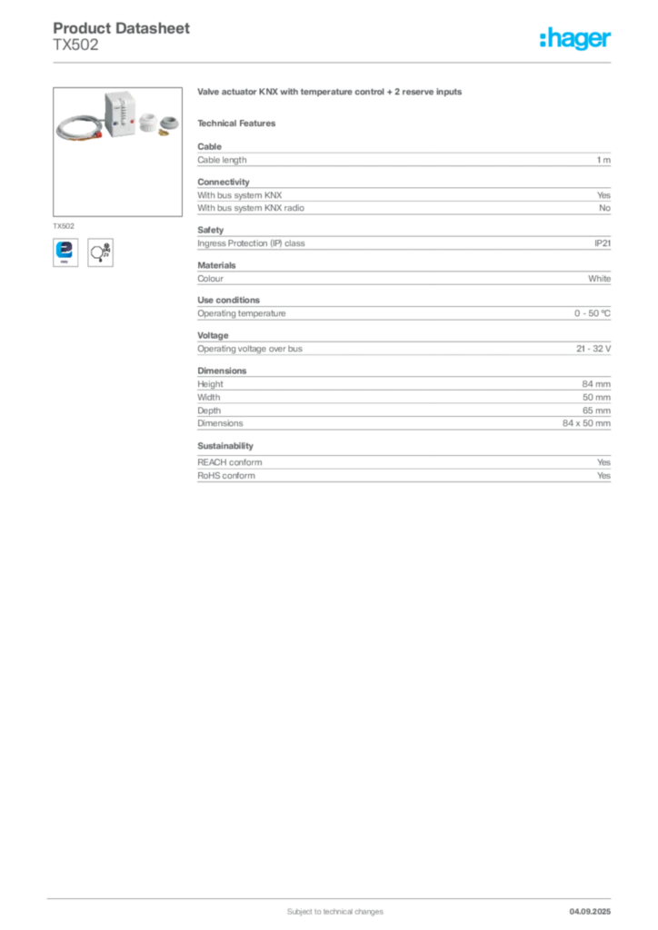 Image Hager Product data sheet TX502  | Hager