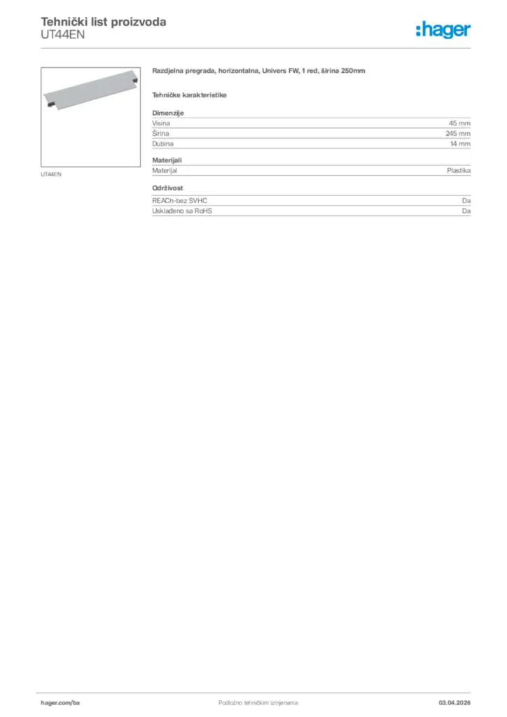 Slika Hager Tehnički list proizvoda UT44EN  | Hager