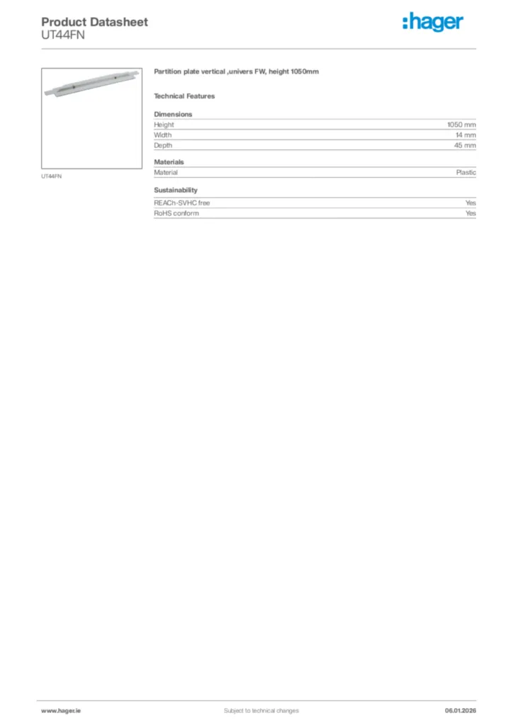 Image Hager Product data sheet UT44FN  | Hager