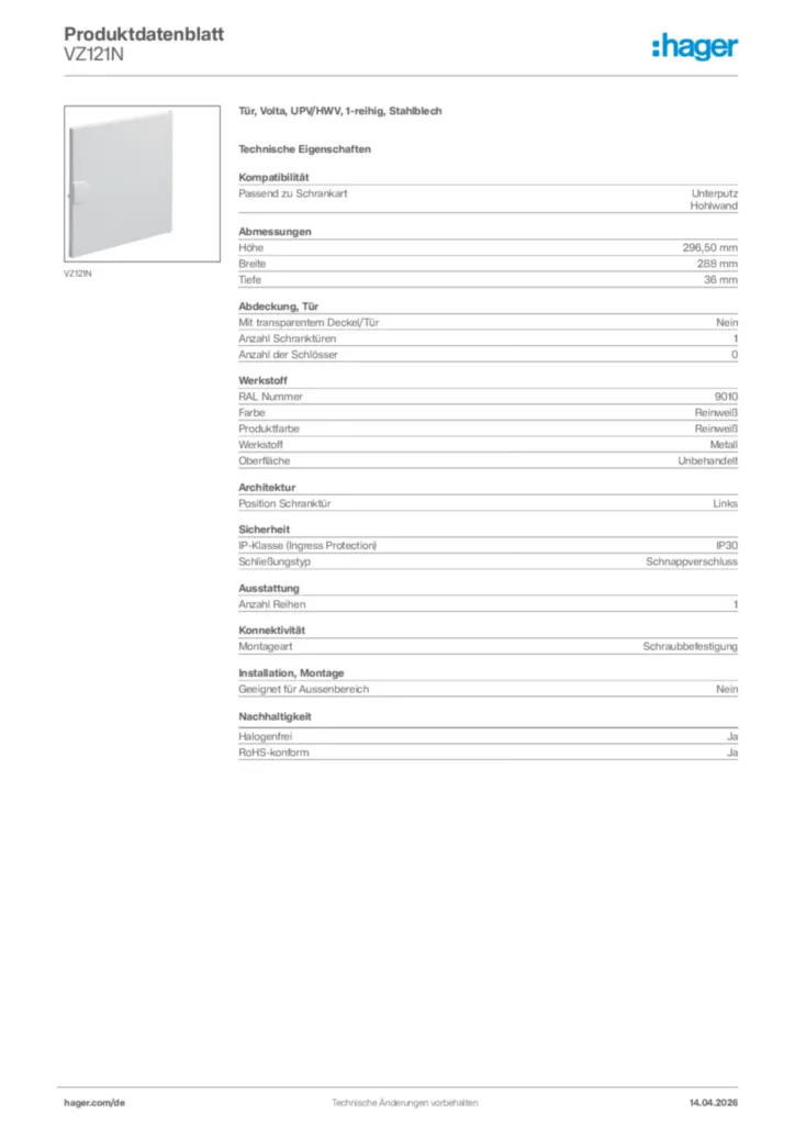 Bild Hager Produktdatenblatt VZ121N | Hager Deutschland