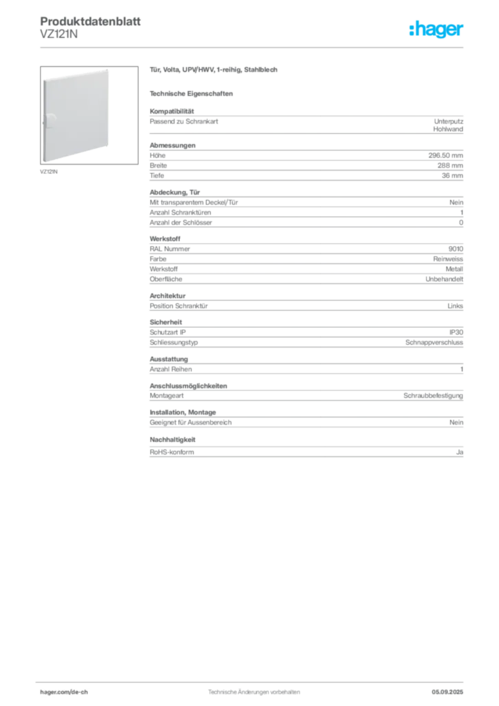 Bild Hager Produktdatenblatt VZ121N | Hager Schweiz