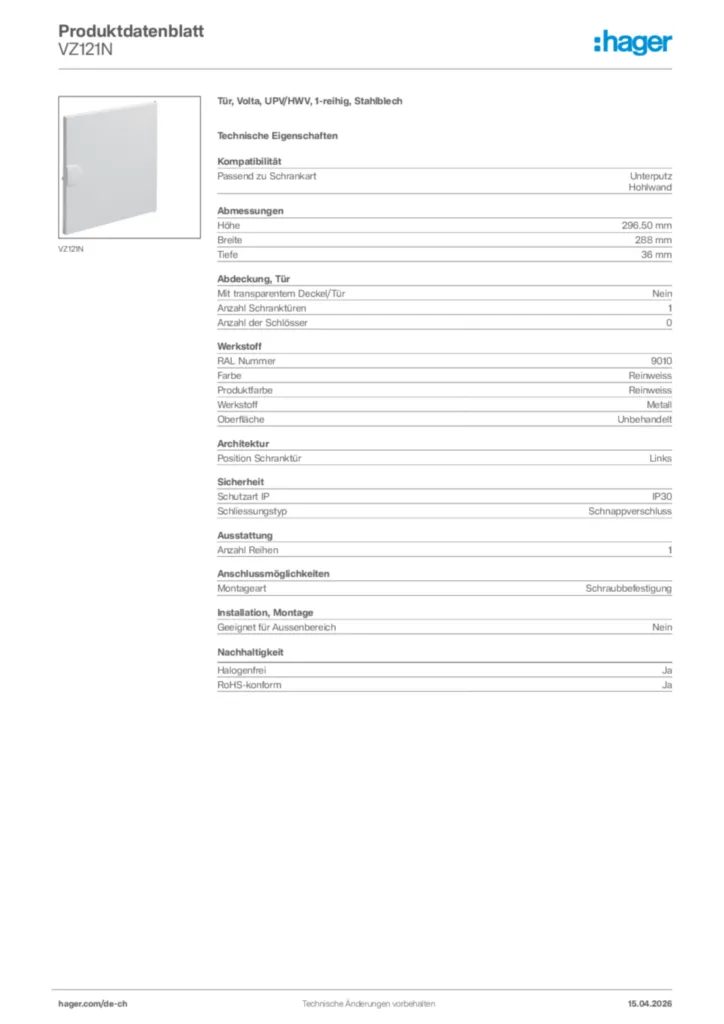 Bild Hager Produktdatenblatt VZ121N | Hager Schweiz
