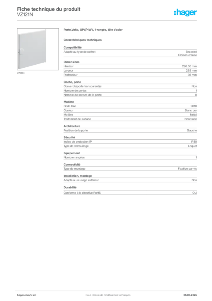 Image Hager Fiche technique du produit VZ121N | Hager Suisse