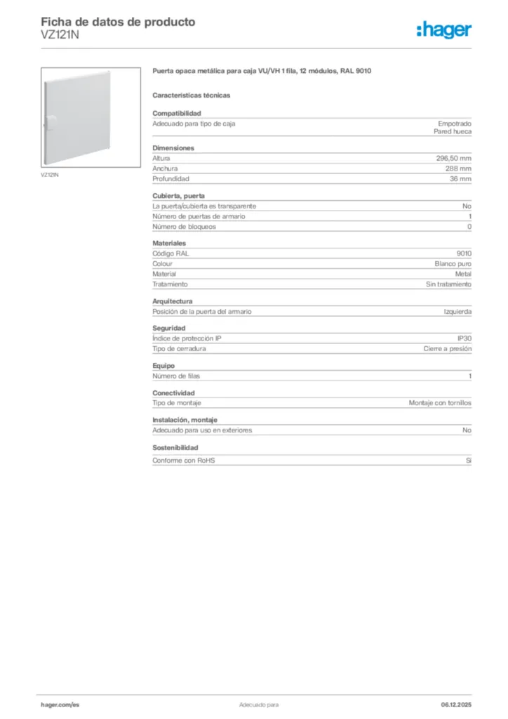 Imagen Hager Ficha de datos de producto VZ121N | Hager España