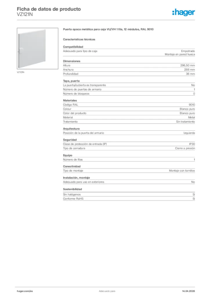 Imagen Hager Ficha de datos de producto VZ121N | Hager España