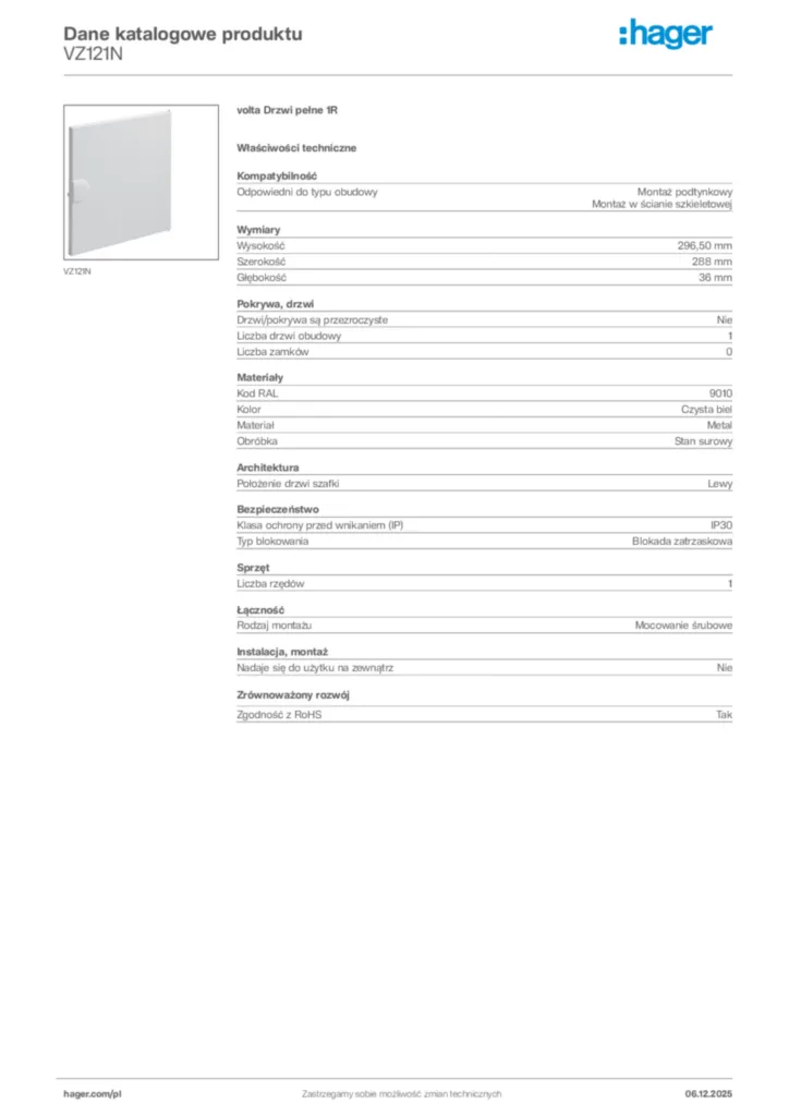 Zdjęcie Hager Karta katalogowa VZ121N | Hager Polska