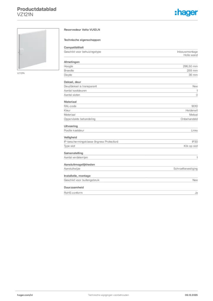 Afbeelding Hager Productdatablad VZ121N | Hager Nederland