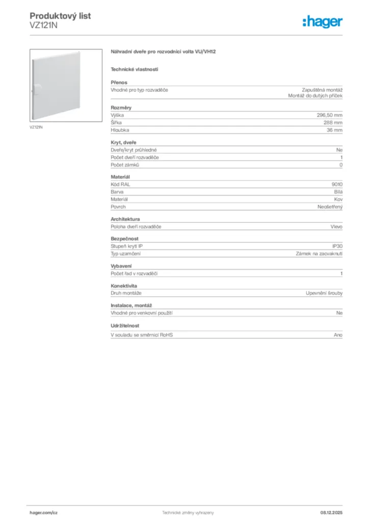 Obrázek Hager Product data sheet VZ121N | Hager