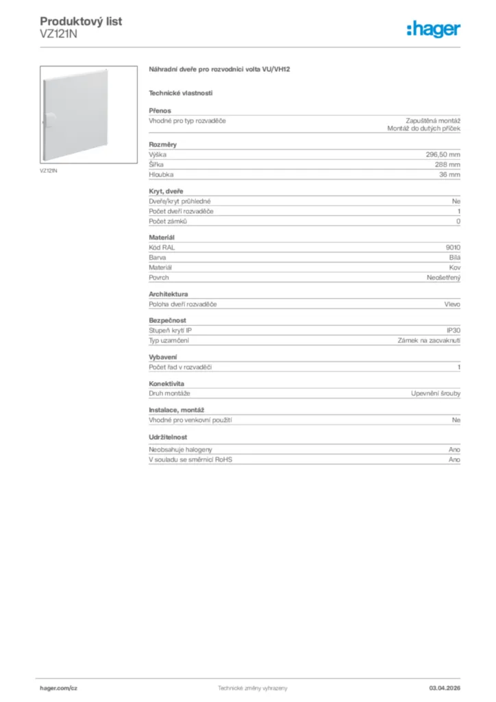 Obrázek Hager Product data sheet VZ121N | Hager