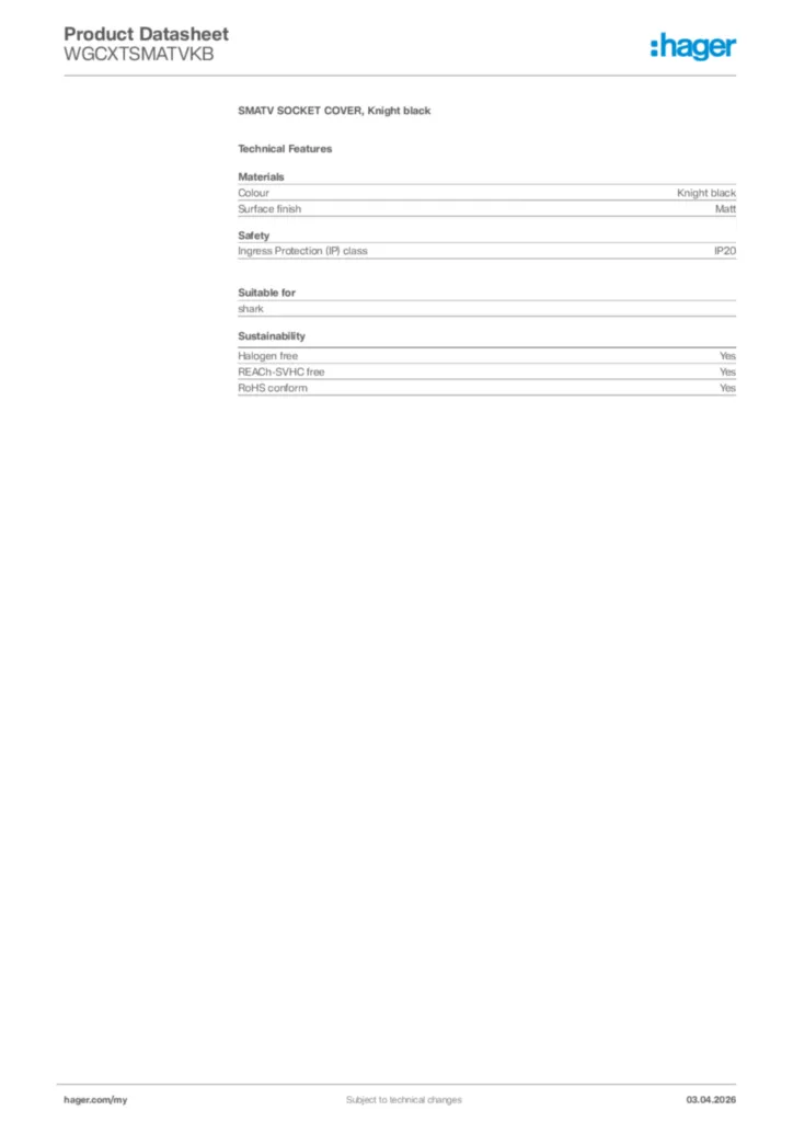 Image Hager Product data sheet WGCXTSMATVKB  | Hager