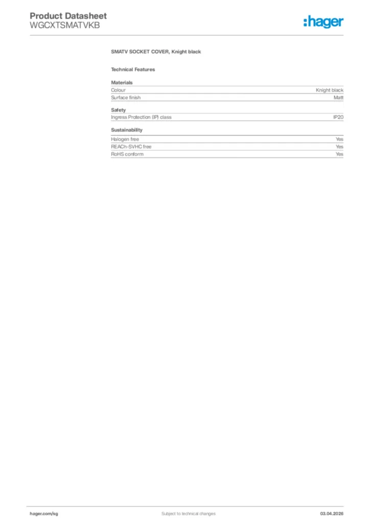 Image Hager Product data sheet WGCXTSMATVKB  | Hager