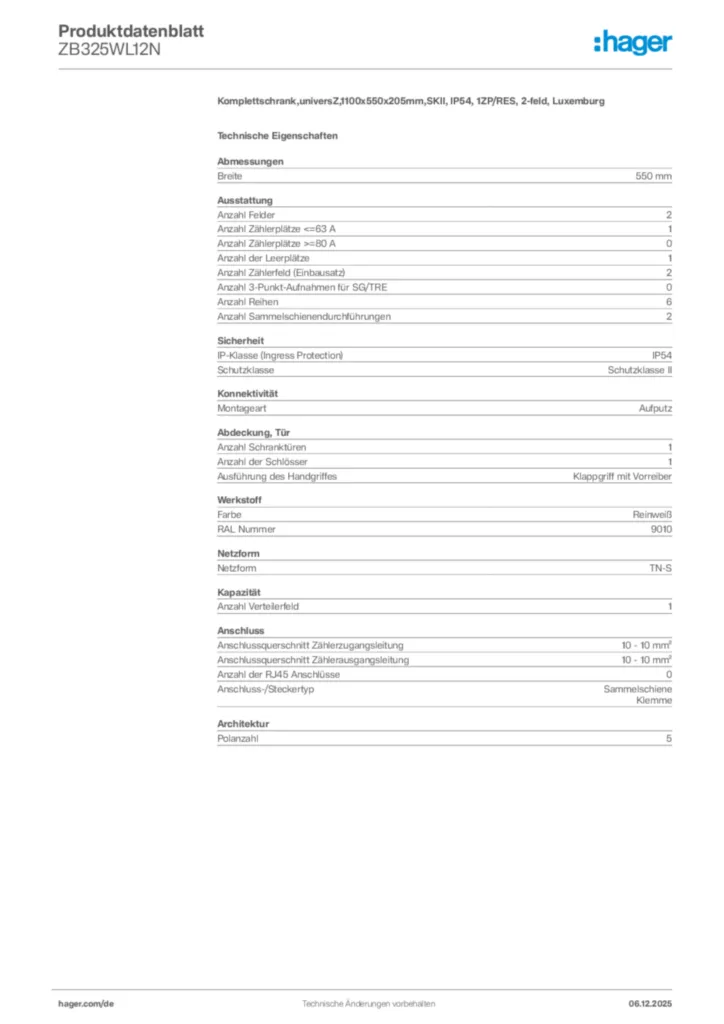 Bild Hager Produktdatenblatt ZB325WL12N | Hager Deutschland