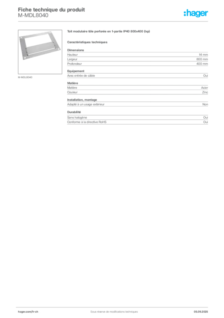 Image Hager Fiche technique du produit M-MDL8040 | Hager Suisse