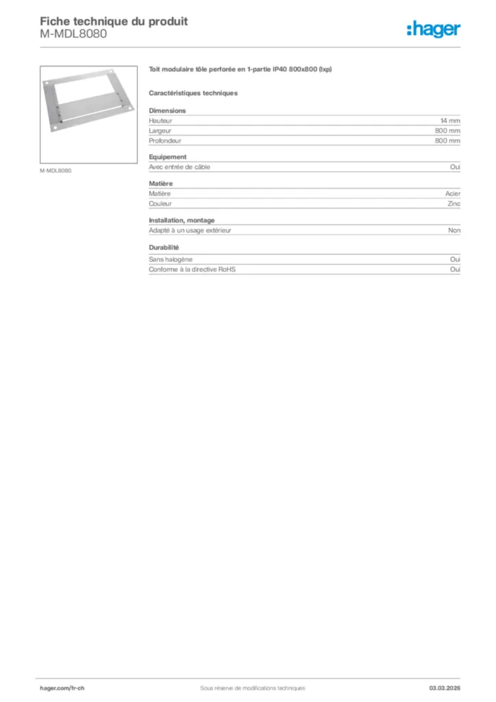 Image Hager Fiche technique du produit M-MDL8080 | Hager Suisse
