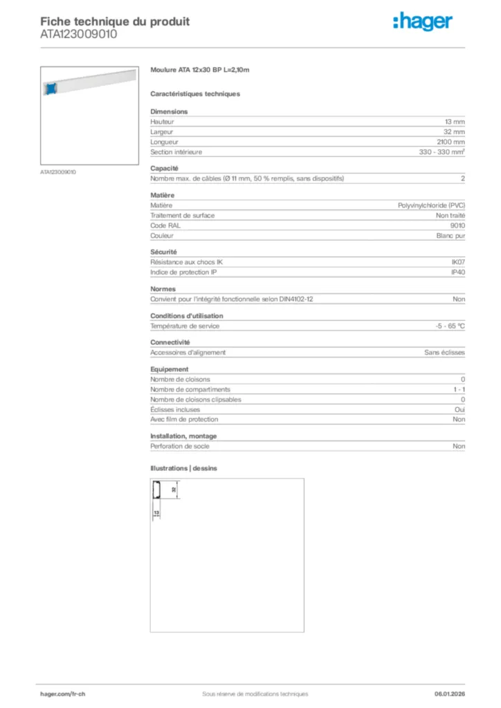Image Hager Fiche technique du produit ATA123009010 | Hager Suisse