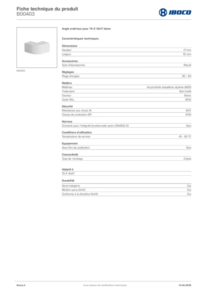 Image Iboco Fiche technique du produit B00403 | Hager France