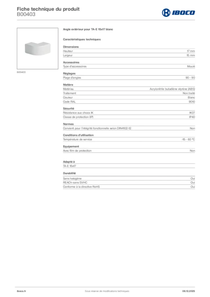 Image Iboco Fiche technique du produit B00403 | Hager France