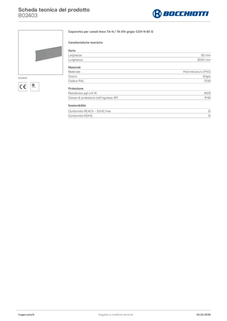 Immagine Bocchiotti Scheda tecnica del prodotto B02403 | Hager Italia