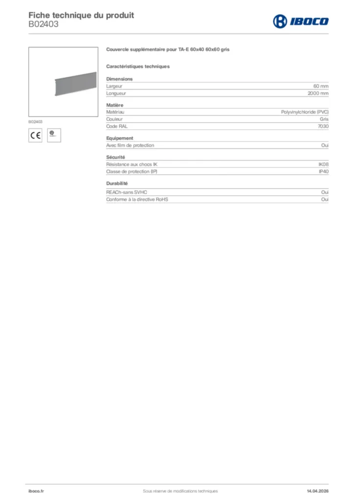 Image Iboco Fiche technique du produit B02403 | Hager France
