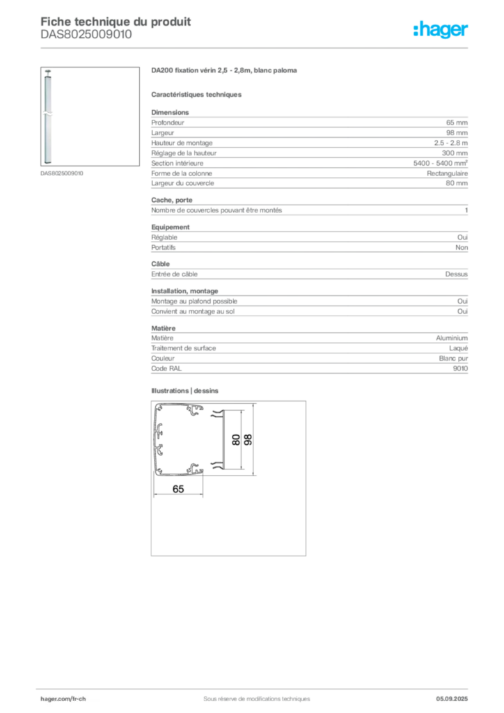Image Hager Fiche technique du produit DAS8025009010 | Hager Suisse