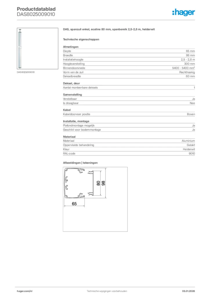 Afbeelding Hager Productdatablad DAS8025009010 | Hager Nederland