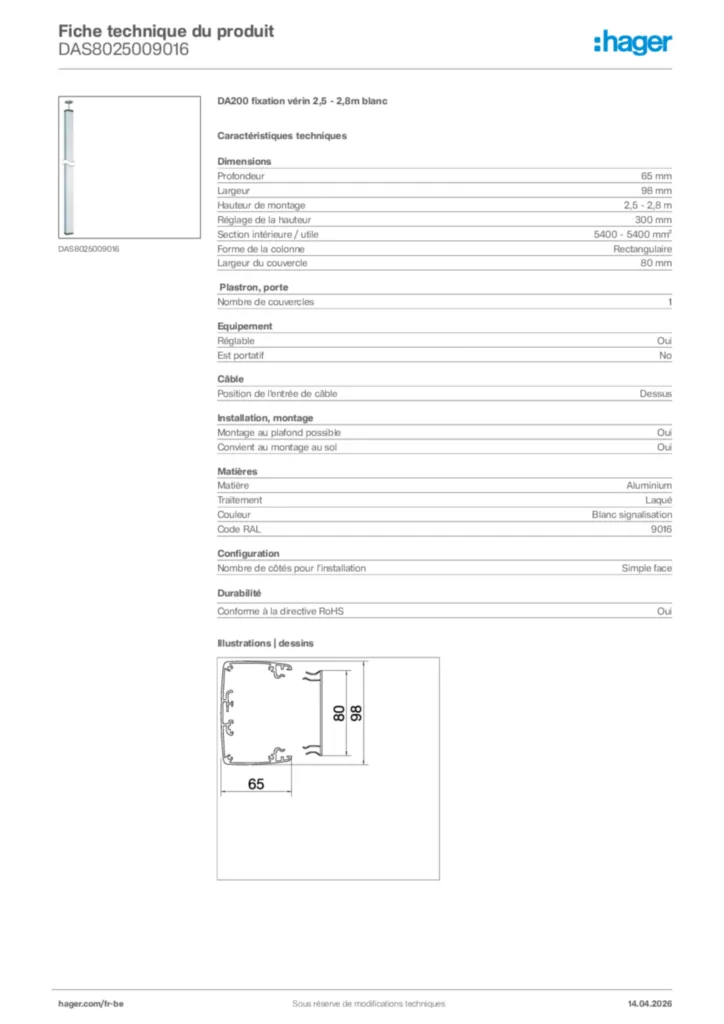 Image Hager Fiche technique du produit DAS8025009016 | Hager Belgique