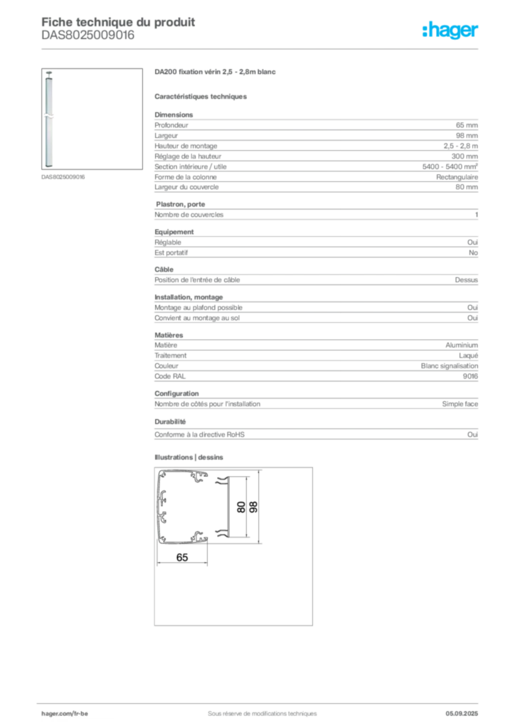 Image Hager Fiche technique du produit DAS8025009016 | Hager Belgique