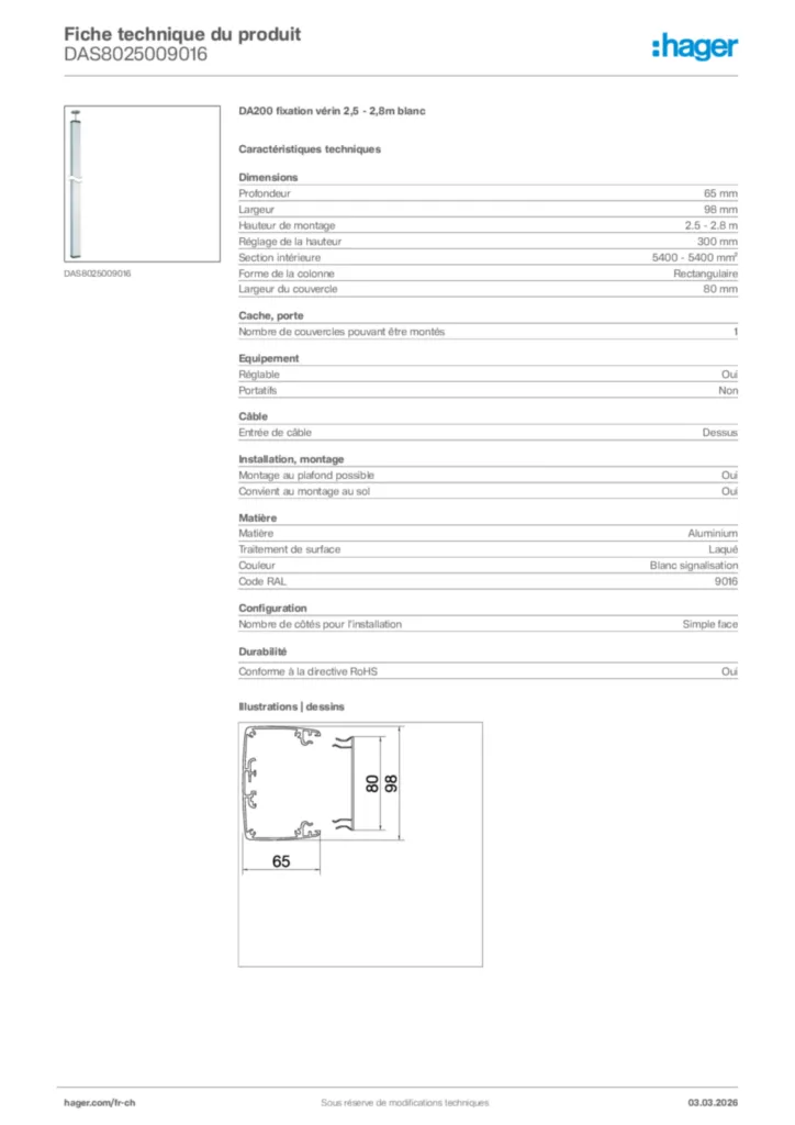 Image Hager Fiche technique du produit DAS8025009016 | Hager Suisse
