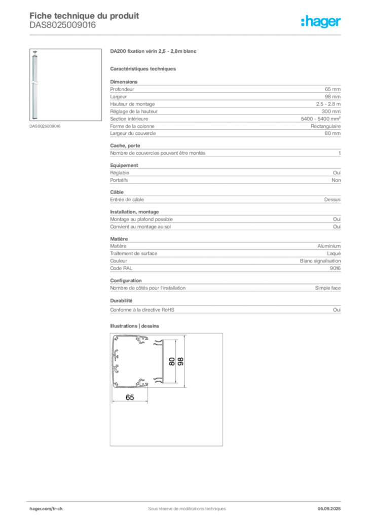 Image Hager Fiche technique du produit DAS8025009016 | Hager Suisse