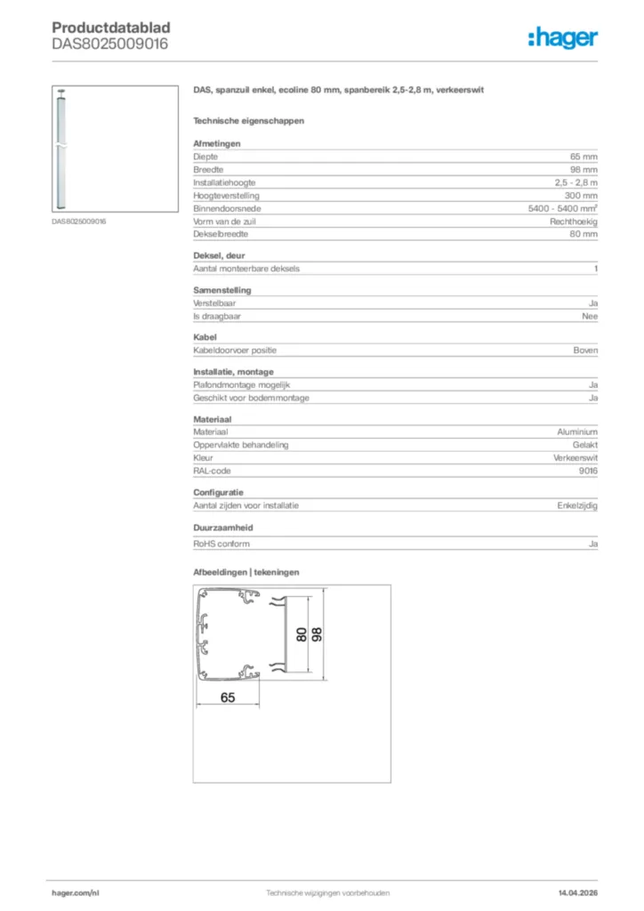Afbeelding Hager Productdatablad DAS8025009016 | Hager Nederland
