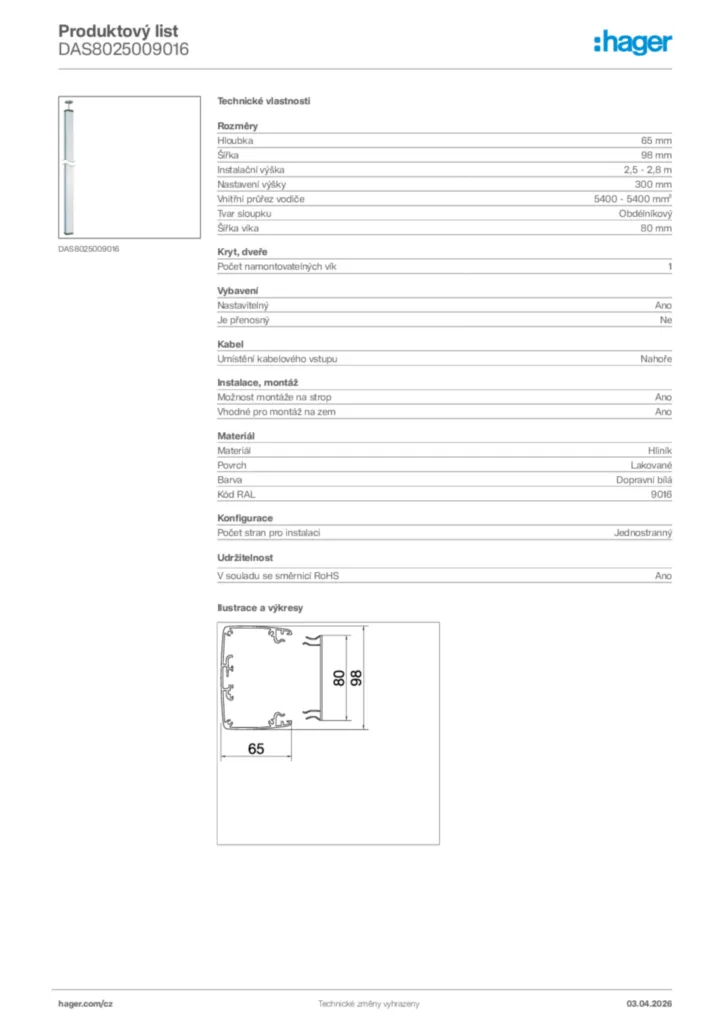 Obrázek Hager Product data sheet DAS8025009016 | Hager