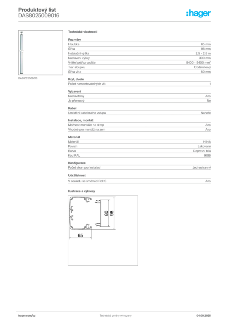 Obrázek Hager Produktový list DAS8025009016 | Hager