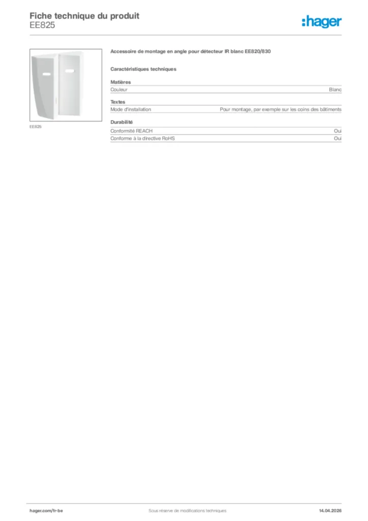 Image Hager Fiche technique du produit EE825 | Hager Belgique