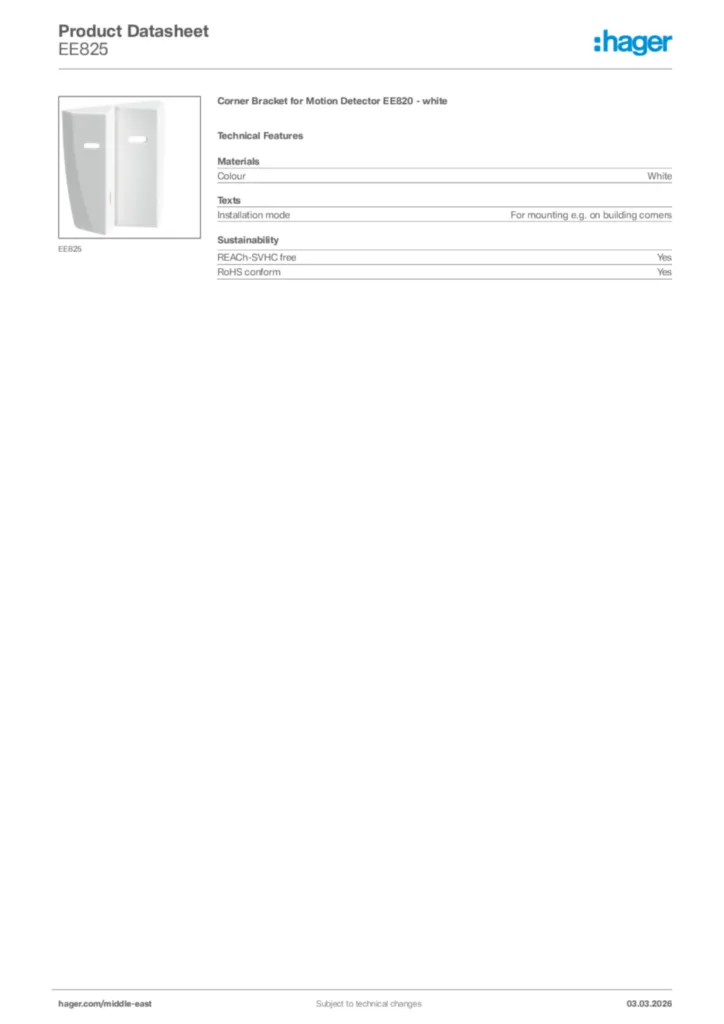 Image Hager Product data sheet EE825  | Hager