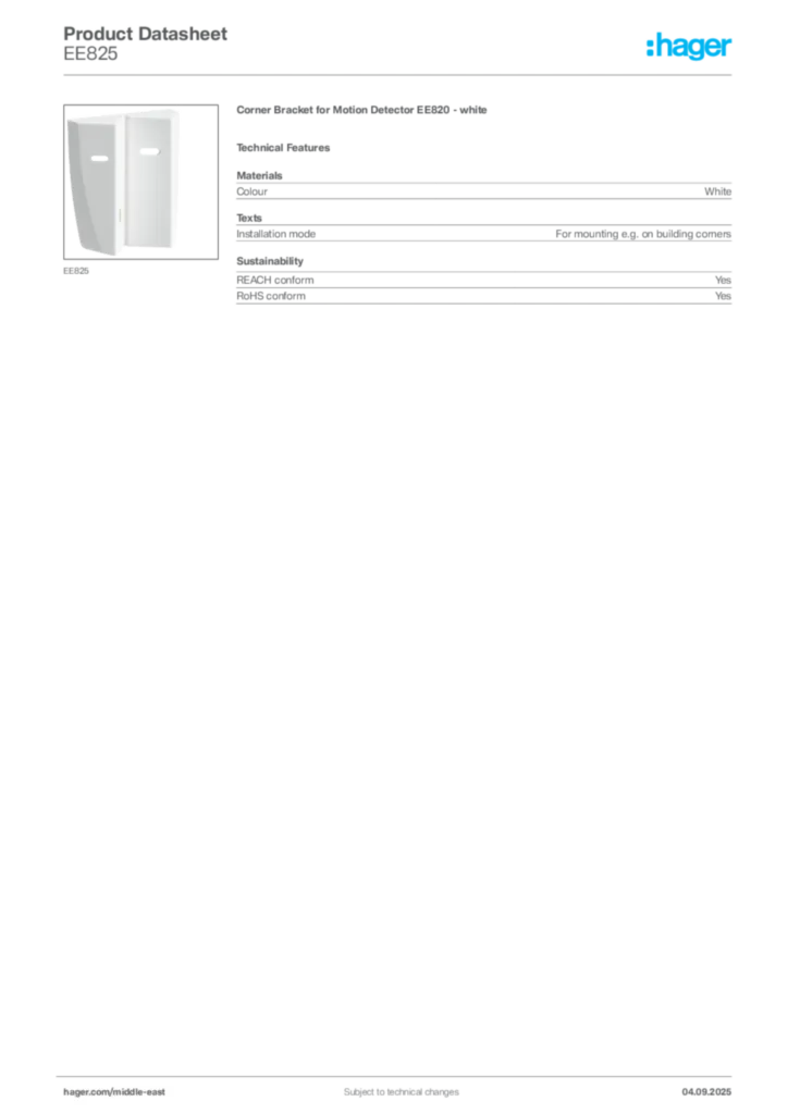 Image Hager Product data sheet EE825  | Hager