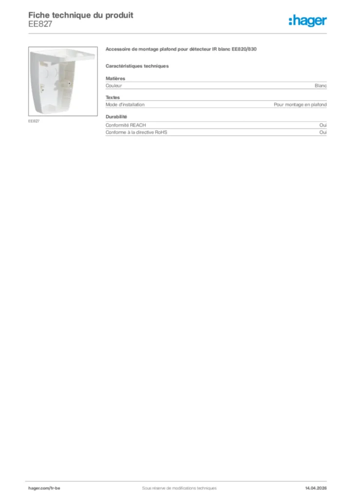 Image Hager Fiche technique du produit EE827 | Hager Belgique
