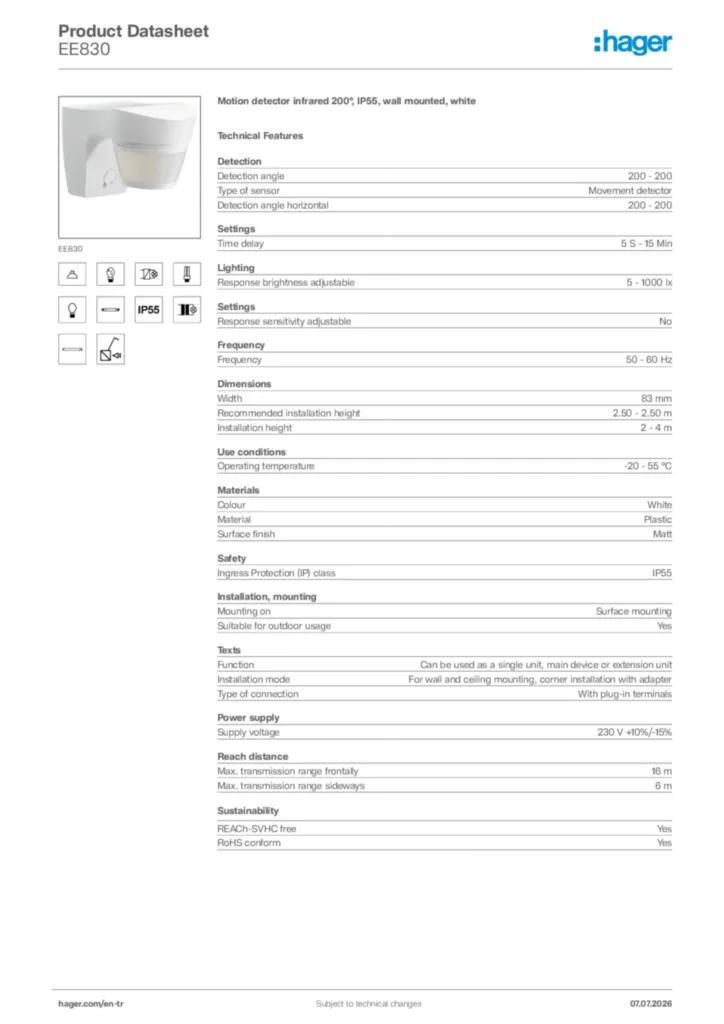 Image Hager Product data sheet EE830  | Hager
