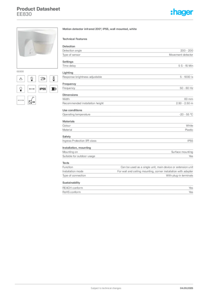 Image Hager Product data sheet EE830  | Hager