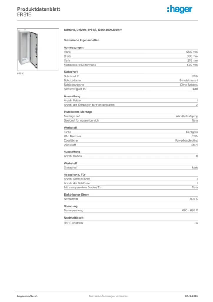 Bild Hager Produktdatenblatt FR81E | Hager Schweiz