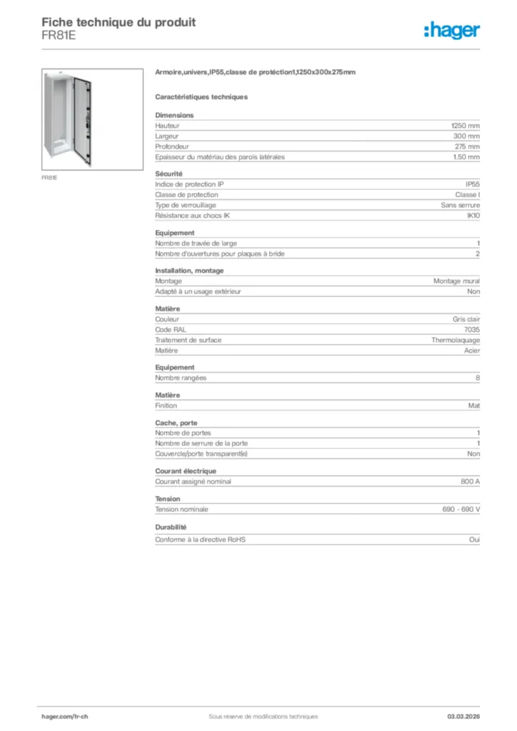 Image Hager Fiche technique du produit FR81E | Hager Suisse