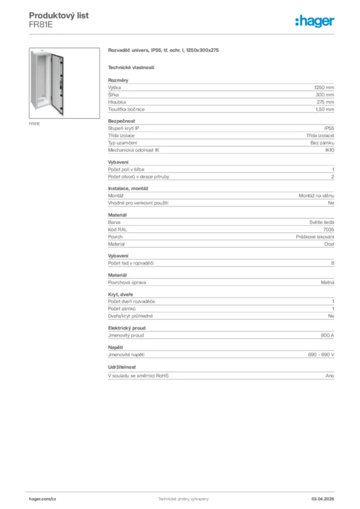 Obrázek Hager Product data sheet FR81E | Hager