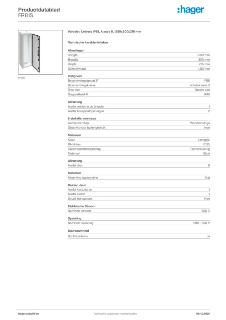Afbeelding Hager Productdatablad FR81S | Hager Belgium