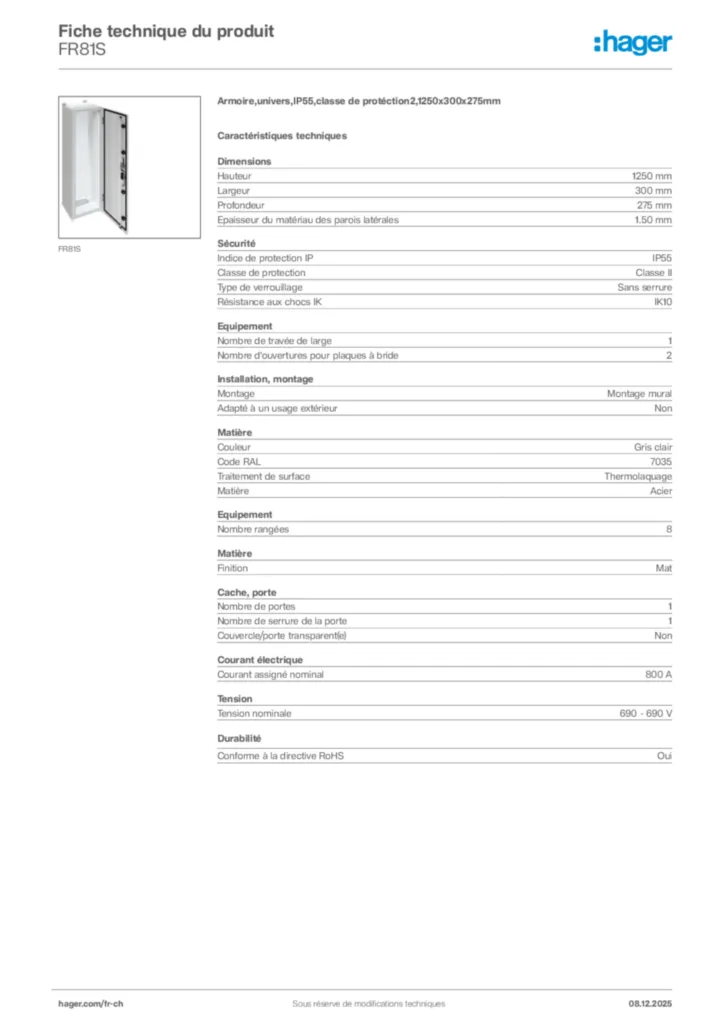 Image Hager Fiche technique du produit FR81S | Hager Suisse