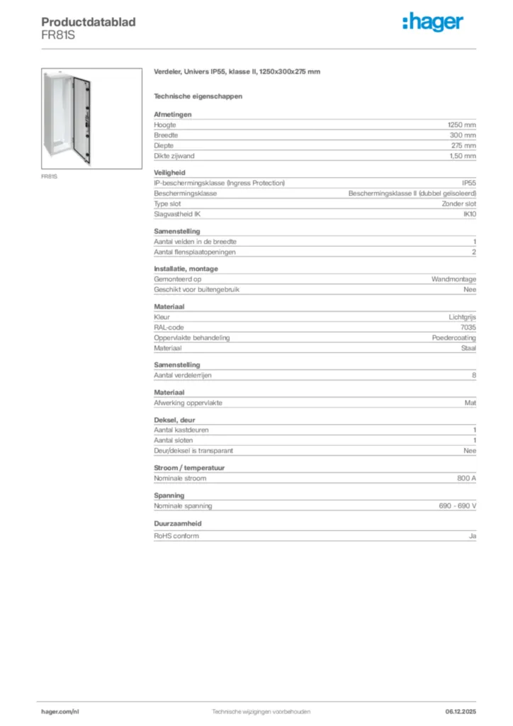 Afbeelding Hager Productdatablad FR81S | Hager Nederland