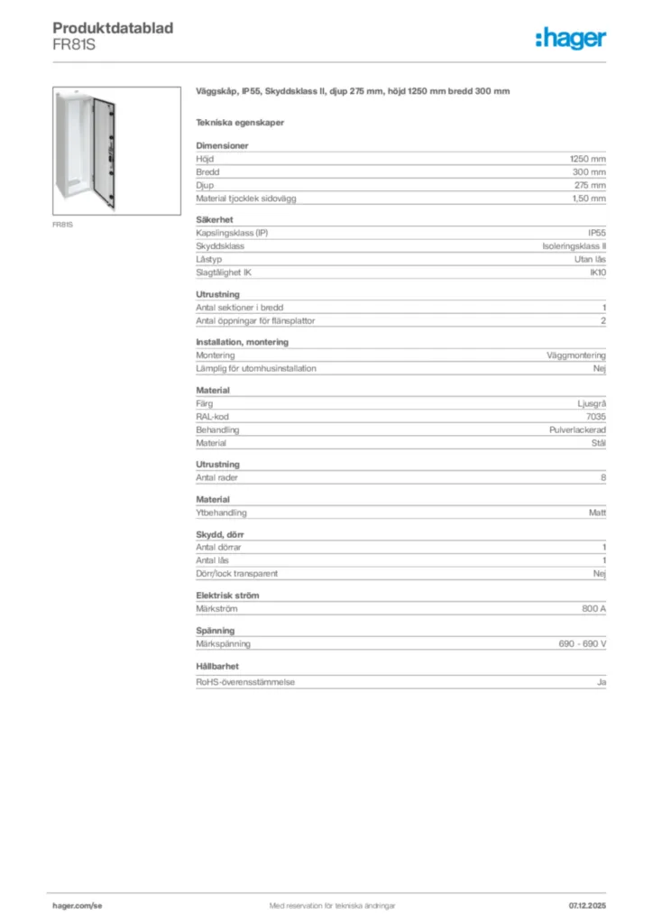 Bild Hager Produktdatablad FR81S | Hager Sverige