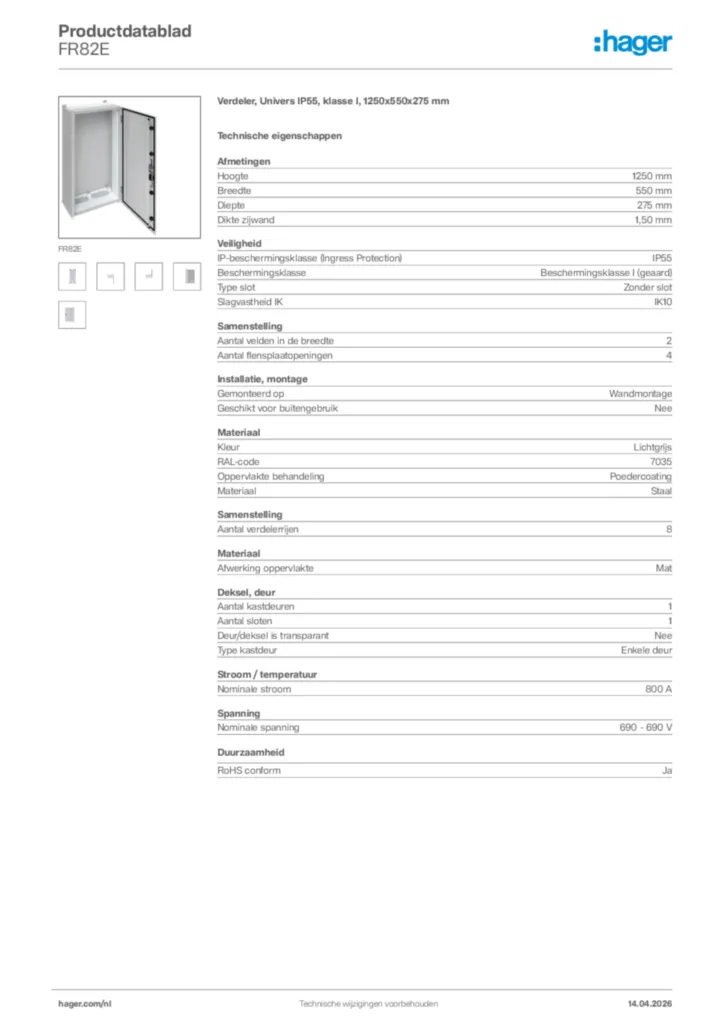 Afbeelding Hager Productdatablad FR82E | Hager Nederland