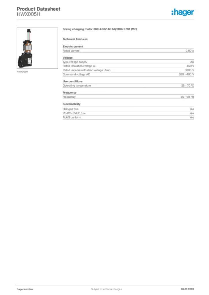 Image Hager Product data sheet HWX005H  | Hager Australia