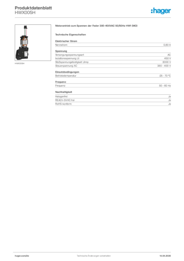 Bild Hager Produktdatenblatt HWX005H | Hager Deutschland