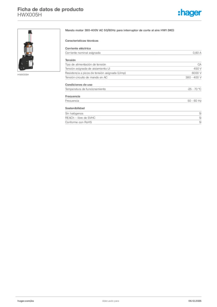 Imagen Hager Ficha de datos de producto HWX005H | Hager España
