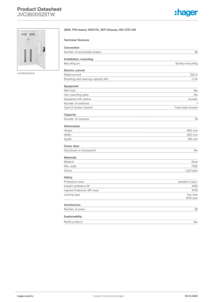 Image Hager Product data sheet JVC3600S25TW  | Hager New Zealand